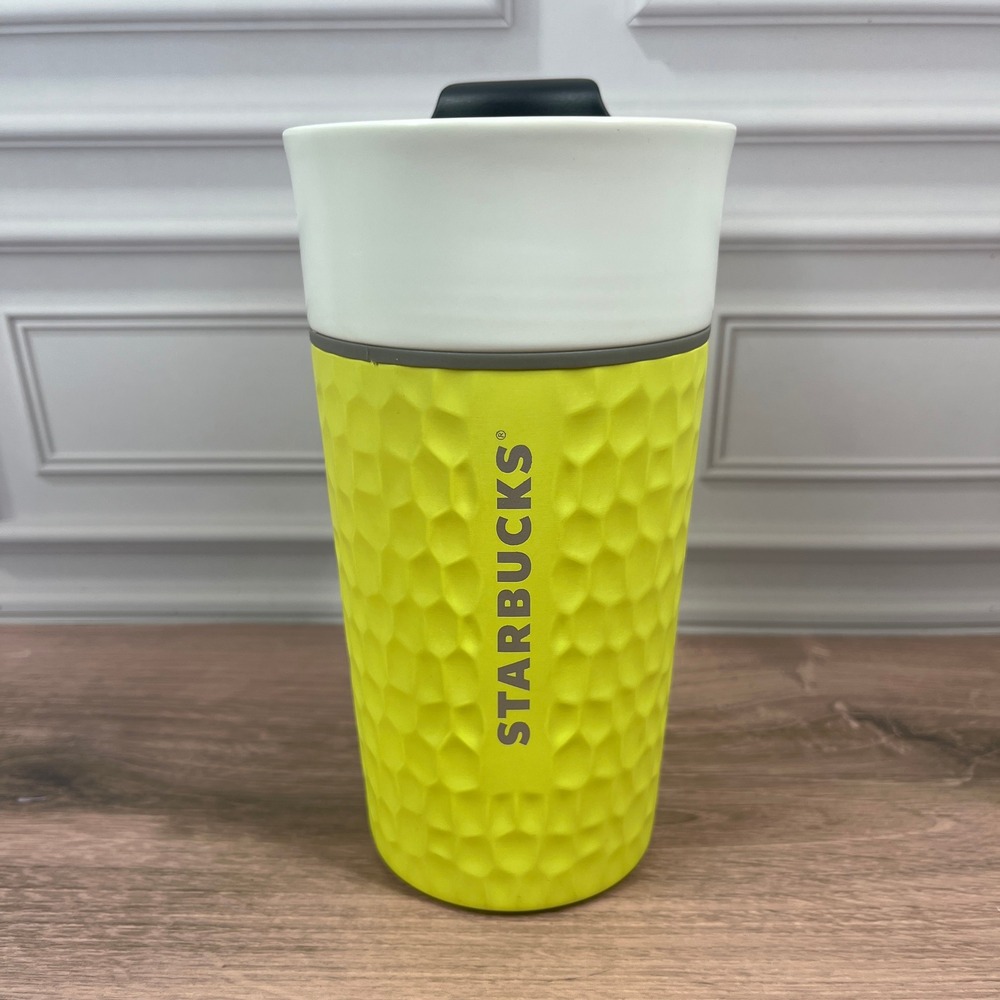 Starbucks Travel Mug Tumbler 12oz Neon Yellow Hammered Tennis Ball Ceramic 2016